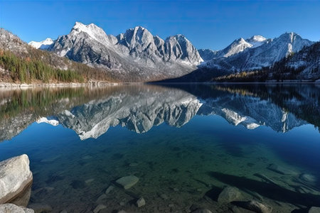 majestic mountain range and crystal-clear lake, with reflections of the peaks visible on the water, created with generative aiの素材