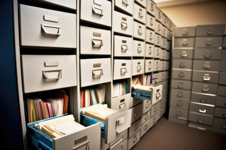 vertical filing cabinet with neatly arranged files, created with generative aiの素材