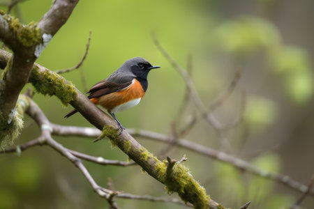 male redstart perched on tree branch, looking down at its territory, created with generative aiの素材