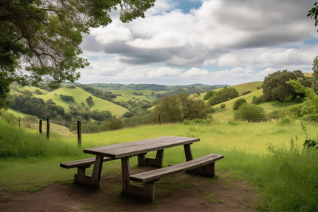 picnic table with view of rolling hills and lush greenery, created with generative aiの素材