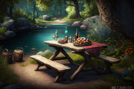 picnic table next to a babbling brook, with sandwiches, fruits, and drinks, created with generative aiの素材