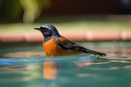 male redstart bird in swimming pool, its bright colors shining, created with generative aiの素材