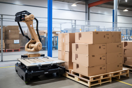 robot, loading crates onto pallet for shipping to customer, created with generative aiの素材