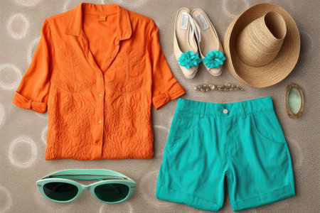 beachwear outfit with retro-inspired texture and color, created with generative aiの素材