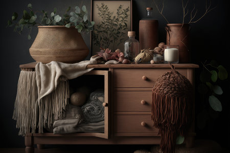 wooden dresser, filled with natural textiles and accessories, created with generative aiの素材