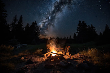 campfire burning, surrounded by the darkness of night sky, created with generative aiの素材
