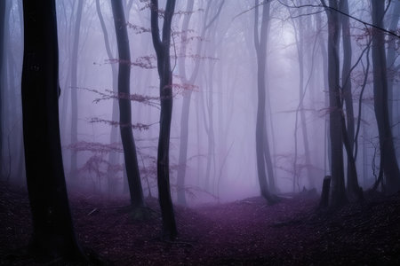 dark purple forest with fog, mysterious and magical scene, created with generative aiの素材