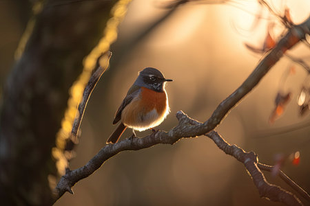 redstart bird perched on tree branch, with the sun shining behind it, created with generative aiの素材
