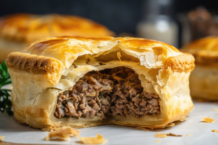 edible close-up of meat pie, with flaky pastry and juicy filling visible, created with generative aiの素材