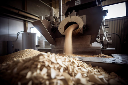 pulping and paper-making processes in a paper factory, with the raw materials (wood chips) being transformed into high-quality products, created with generative aiの素材