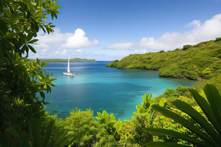 pristine lagoon, surrounded by tropical islands and lush vegetation, with sailboat in the foreground, created with generative aiの素材