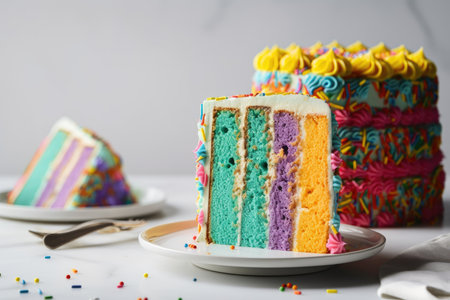 colorful layered cake with alternating colors of frosting and sprinkles, created with generative aiの素材