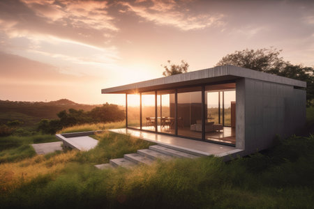 minimalist home, with view of sunrise or sunset, surrounded by greenery, created with generative aiの素材