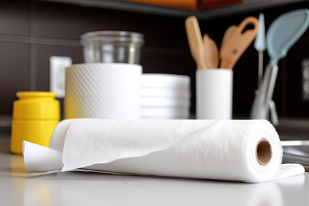 close-up of roll of paper towels, with cleaning tools in the background, created with generative aiの素材
