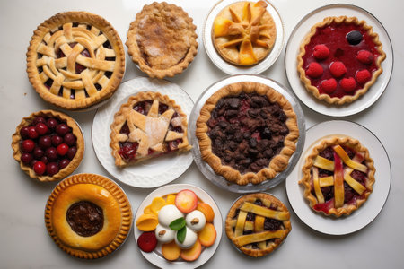 a collection of fruit pies and tarts in various shapes and sizes, on a white plate, created with generative aiの素材