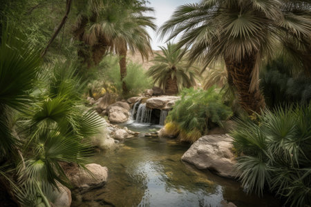 desert oasis with rushing stream and waterfall, surrounded by lush greenery, created with generative aiの素材