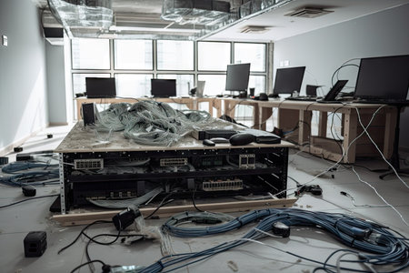 5g network installation, with cables and equipment on the floor, created with generative aiの素材