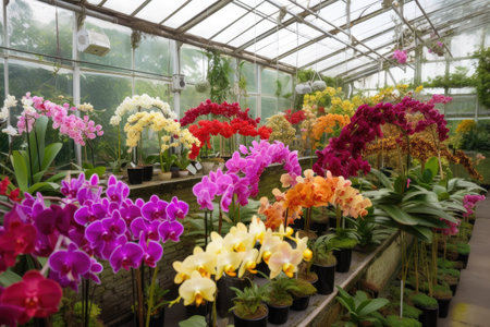 greenhouse filled with blooming orchids, their colors and textures on display, created with generative aiの素材