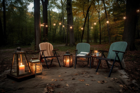 outdoorsy campsite with lanterns and chairs for comfortable seating, created with generative aiの素材