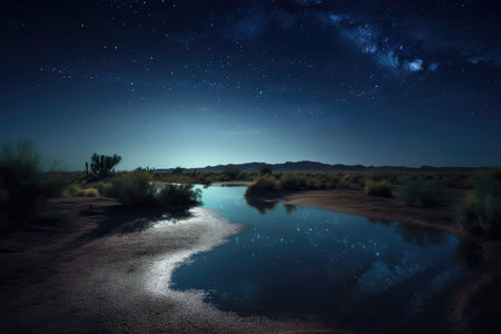 night sky with stars and moon over desert mirage of water, created with generative aiの素材