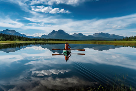 person, paddling canoe on tranquil lake, with mountains in the background, created with generative aiの素材