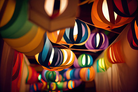 paper streamer hanging from ceiling, with colorful lights and lanterns surrounding it, created with generative aiの素材