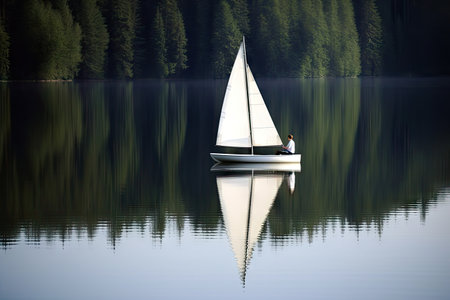 person, enjoying peaceful sail on calm lake, created with generative aiの素材