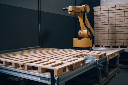 robot, lifting heavy pallet of goods and placing it on conveyor belt, created with generative aiの素材