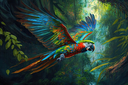parrot in flight over jungle canopy, its colorful feathers shining, created with generative aiの素材