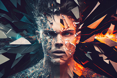 person, surrounded by chaos and disorder in the mind, with images of flames and shattered glass, created with generative aiの素材