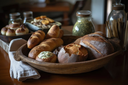 beautiful platter of freshly baked artisan breads, ready to be served, created with generative aiの素材