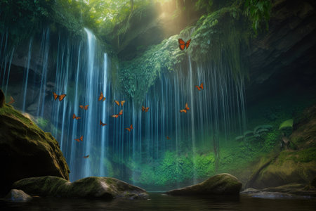 butterflies fluttering past a towering waterfall, on their journey, created with generative aiの素材