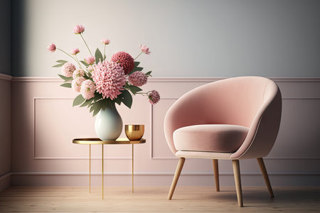 pink armchair in minimalist space, with simple wooden table and vase of flowers, created with generative aiの素材