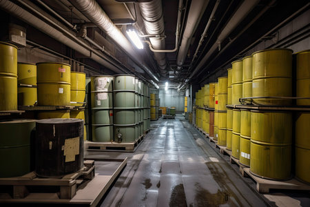 nuclear waste repository, with barrels and drums of radioactive material stored safely in massive underground facility, created with generative aiの素材