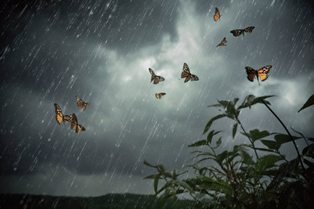 stormy weather, with butterflies fluttering through the wind and rain, created with generative aiの素材