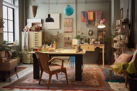 a creative workspace with eclectic decor and unique accessories, created with generative aiの素材
