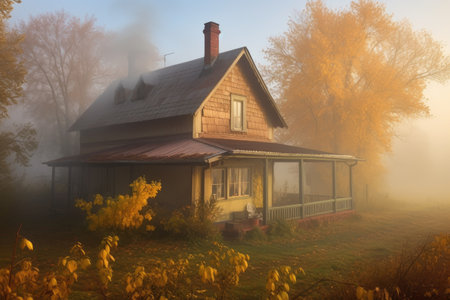 cottage, with chimney smoke rising from the warm interior, on misty autumn morning, created with generative aiの素材