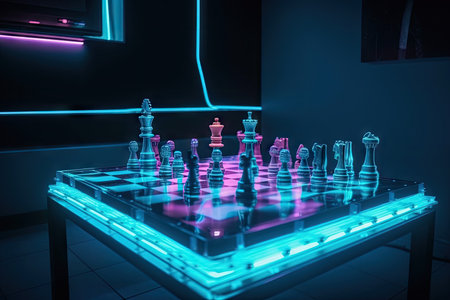 neon chess set on wooden table in futuristic and futuristic interior, created with generative aiの素材