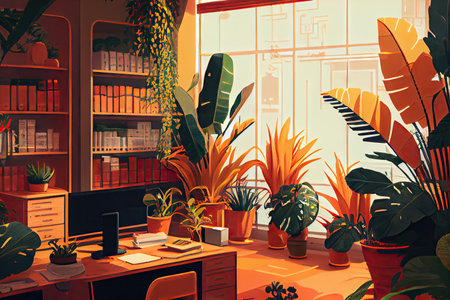 office with tropical plants, surrounded by warm colors, created with generative aiの素材