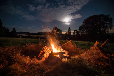 campfire crackling in the night sky, with view of the harvest moon shining its light, created with generative aiの素材