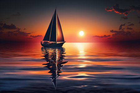 sunset sailboat on calm ocean, with view of the sunset in the background, created with generative aiの素材