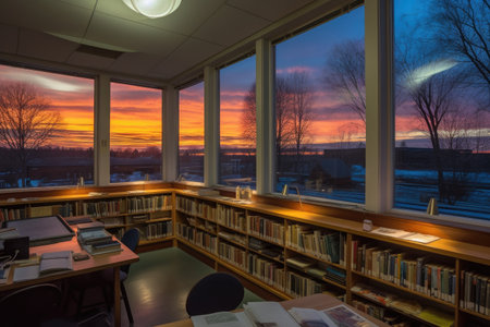 library, with books and study desks, during sunset, created with generative aiの素材