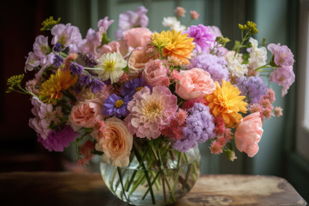 vibrant bouquet of pastel flowers in clear vase, created with generative aiの素材
