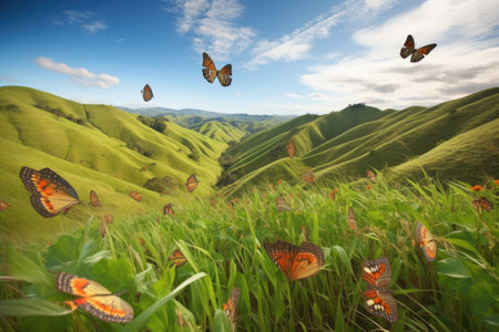 butterflies fluttering over a landscape of rolling hills, created with generative aiの素材
