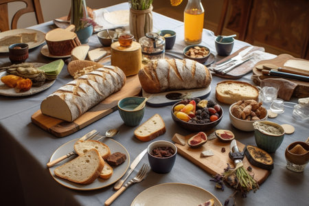 table setting with assortment of artisan breads, knives, and spreads, created with generative aiの素材