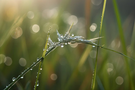 misty morning meadow with close-up of dewdrop on blade of grass, created with generative aiの素材