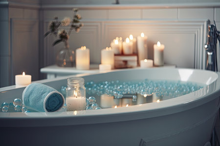 soothing bubble bath in calm blue and white bathroom, with candles and essential oils, created with generative aiの素材