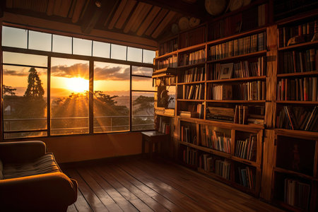 library, with view of the sunset, surrounded by cozy and peaceful atmosphere, created with generative aiの素材