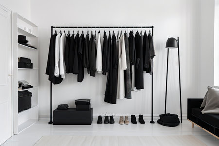 minimalist wardrobe with mix of sleek black and white pieces, created with generative aiの素材