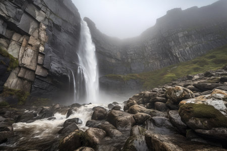 dramatic waterfall scene, with mist and clouds rolling over the rocks, created with generative aiの素材